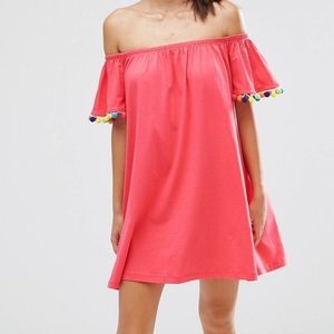 ASOS Coral Pink Off Shoulder Pom Pom Sun Dress